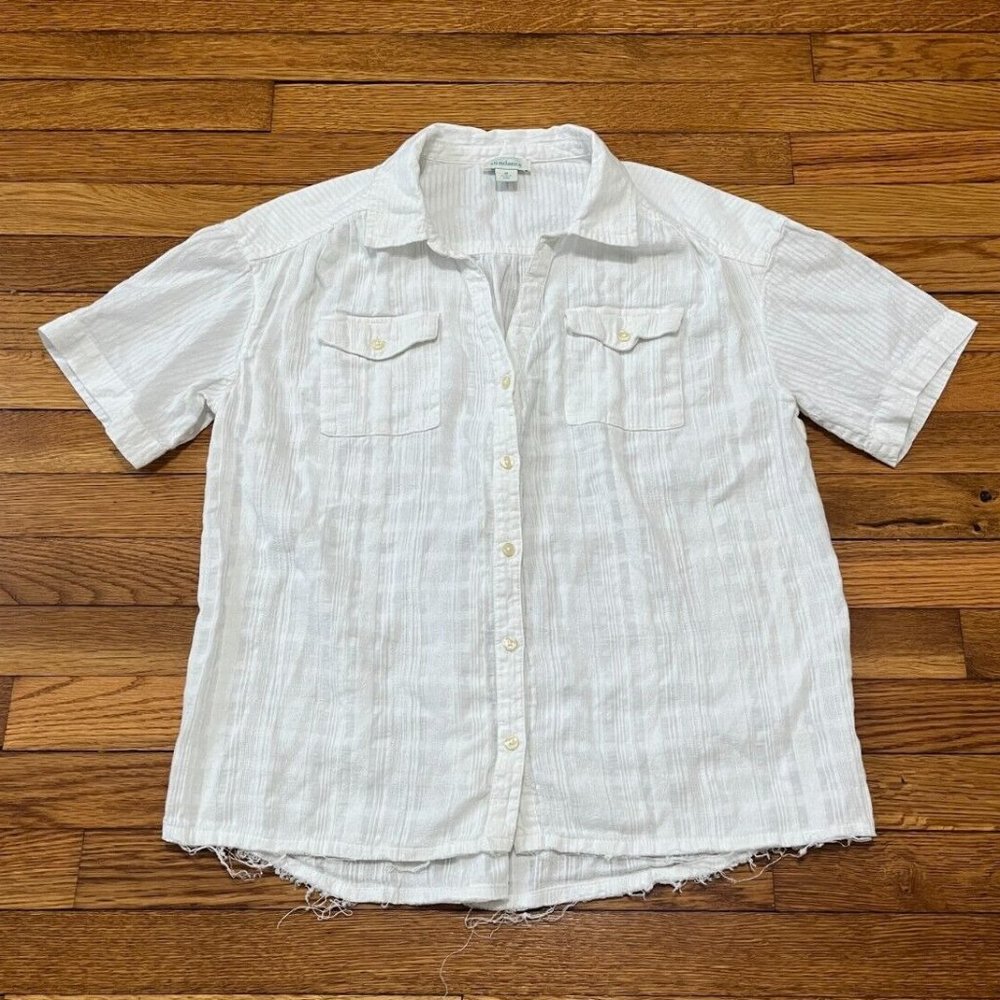 Sundance Women's Short Sleeve Button Down Shirt Size Medium White Cotton Frayed
